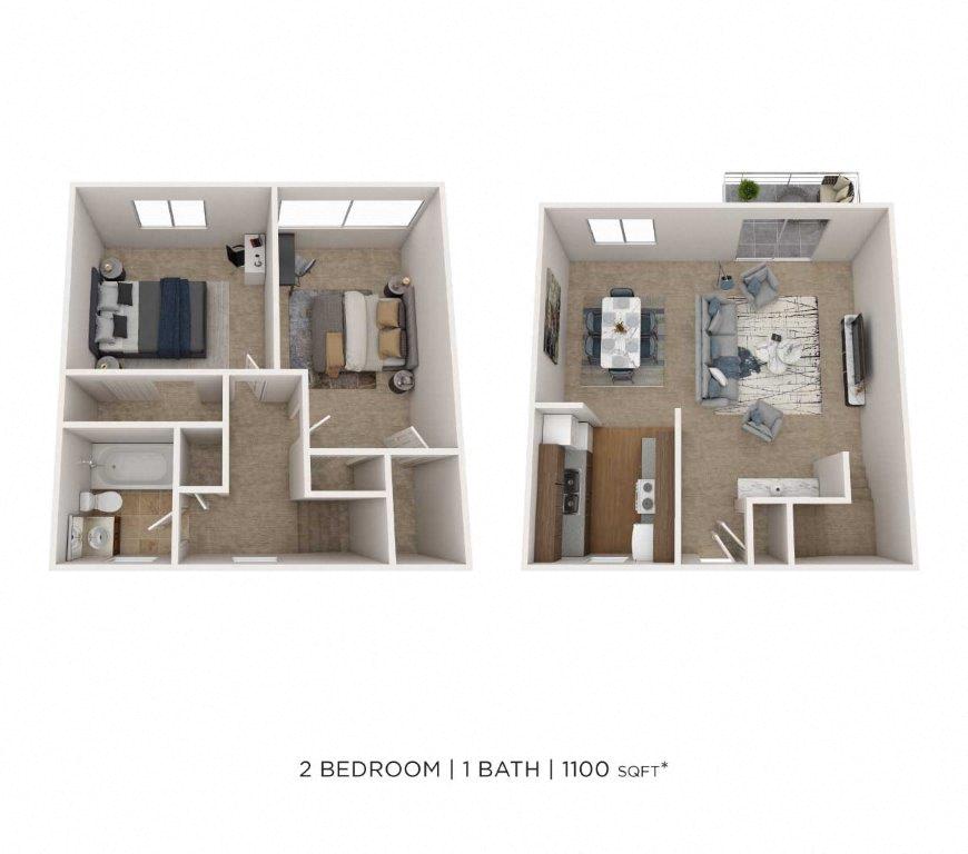 Floor plan for 2 beds, 1 bath, 1100 sqft
